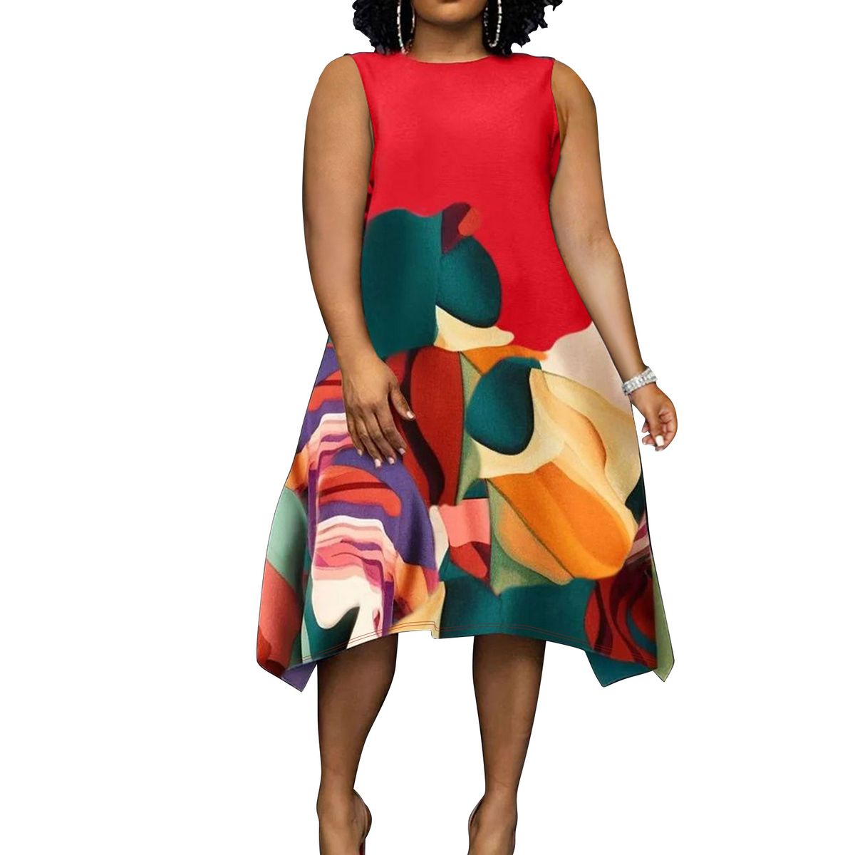 plus Size Women's Casual Fashion Color Block Print Dress round Neck Elegant Clothing_ecoleips.com