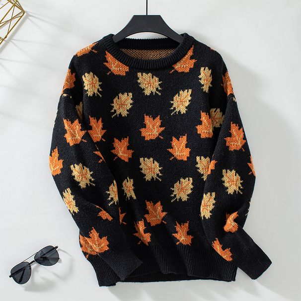 Women's Autumn/Winter Knit Sweater With Maple Leaf Pattern And Casual Knitted Hoodie_ecoleips.com