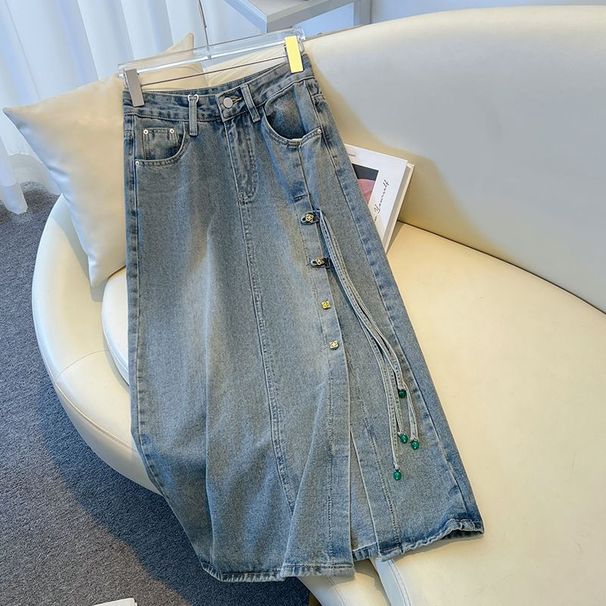National Chinese Style Denim For Women's Summer Thin Design 2024 New Small Slit A-line Hip Hugging Skirt_ecoleips.com