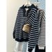Real Shot Silver Fox Velvet American Style Half-Zip Turn-Down Collar Pullover Striped Sweatshirt For Women_ecoleips.com