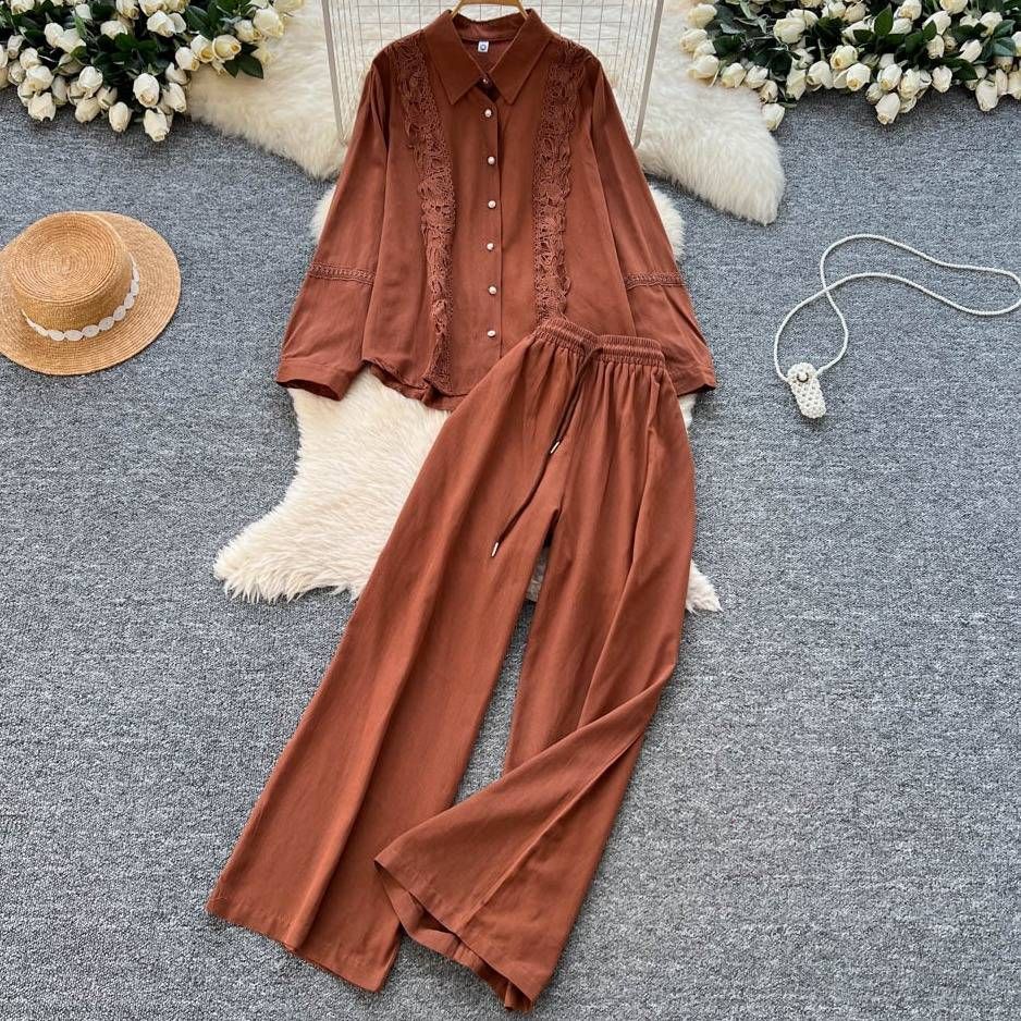 Vintage-Inspired Two-Piece Set - Lace Trim Blouse & High-Waisted Wide-Leg Pants_ecoleips.com