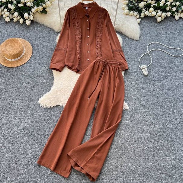 Vintage-Inspired Two-Piece Set - Lace Trim Blouse & High-Waisted Wide-Leg Pants_ecoleips.com