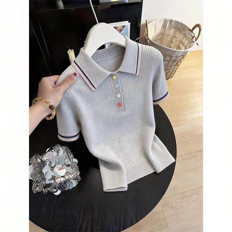 Chic Contrast Collar Knit Short Sleeve Top For Petite Women – Slimming, Versatile & Stylish With Colorful Buttons_ecoleips.com