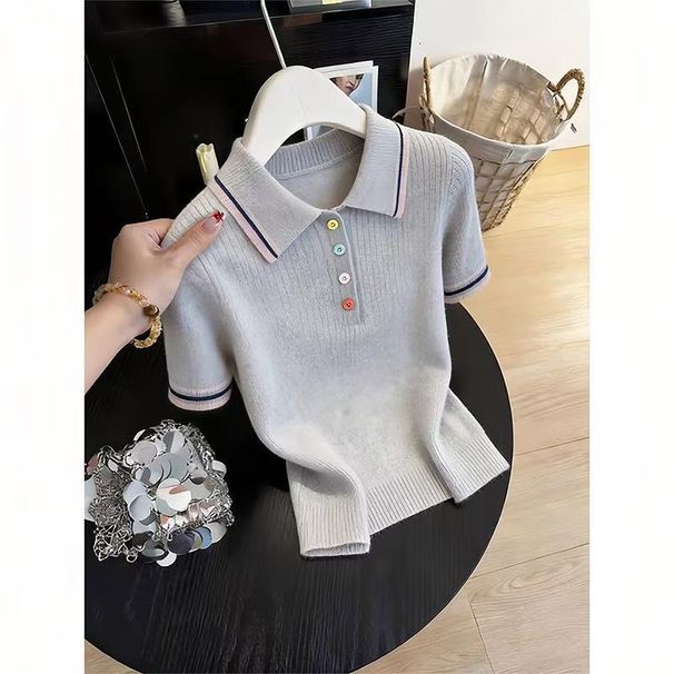 Chic Contrast Collar Knit Short Sleeve Top For Petite Women – Slimming, Versatile & Stylish With Colorful Buttons_ecoleips.com
