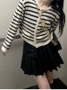 K Gold Button Contrasting Striped Round Neck Knitted Cardigan For Women, Loose Short Style, Outer Sweater Jacket_ecoleips.com