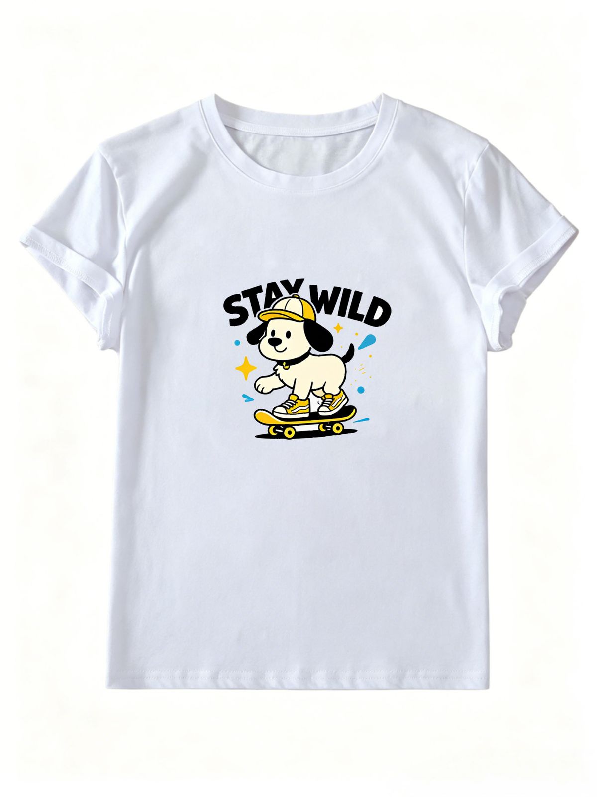 Women Crew Neck Short Sleeve T Shirt Stay Wild Skateboard Puppy Graphic Tee Cartoon Dog Retro Skater Loose Casual Streetwear Summer Tops_ecoleips.com