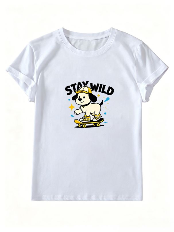 Women Crew Neck Short Sleeve T Shirt Stay Wild Skateboard Puppy Graphic Tee Cartoon Dog Retro Skater Loose Casual Streetwear Summer Tops_ecoleips.com