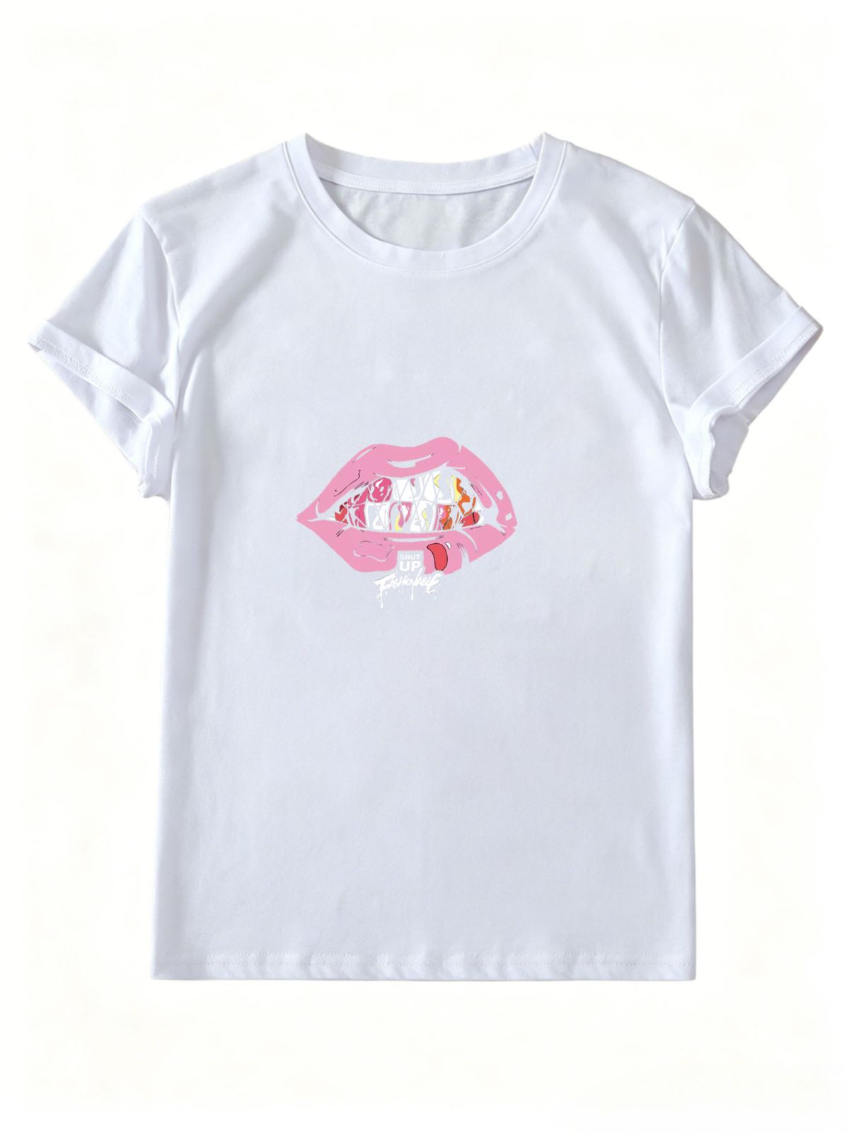 Pink Grills Lips Graffiti Slogan Print Y2K Graphic T-Shirt, Women Oversized Soft Cotton Tee, Trendy Hip Hop Daily Streetwear Top_ecoleips.com