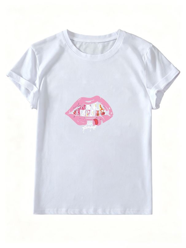 Pink Grills Lips Graffiti Slogan Print Y2K Graphic T-Shirt, Women Oversized Soft Cotton Tee, Trendy Hip Hop Daily Streetwear Top_ecoleips.com