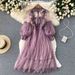 Heavy Industry 3D Floral Mesh Elegant Stand Collar Lantern Sleeve High Waist Slim Fit Two Piece Fairy Dress For Women_ecoleips.com