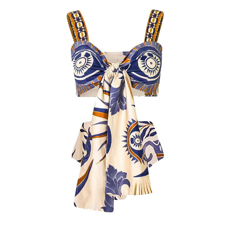 Women's Ethnic Print Ruffled Bikini Set - Stylish Two-Piece Swimsuit With Split Design_ecoleips.com