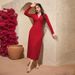 Women's French Elegant Style Dress Autumn And Winter V-neck Slim Slim Red Midi Skirt_ecoleips.com
