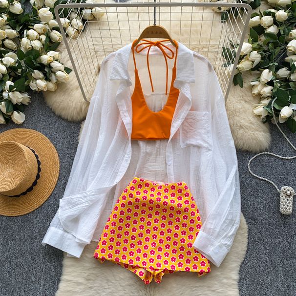 Women's Elegant Three Piece Bikini Set Resort Style Summer Orange Floral Dress with Sun Protection Cardigan Hot Girl Swimwear_ecoleips.com