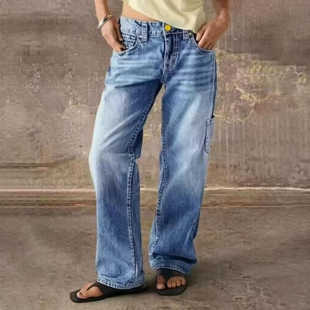 Women's Relaxed Fit Straight Leg Jeans With Vintage Wash, Medium Blue Stretchy Comfort Denim Trousers For Everyday Wear_ecoleips.com