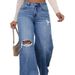 Cross-border European And American Fashion Trend Loose Ripped Women's Washed Pocket Mid-waist Wide-leg Straight Jeans_ecoleips.com