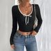 Voya Women's Fashion Simple Style Versatile T-shirt For Spring And Summer Slim Fit Short Style Sexy Contrasting Color Top_ecoleips.com