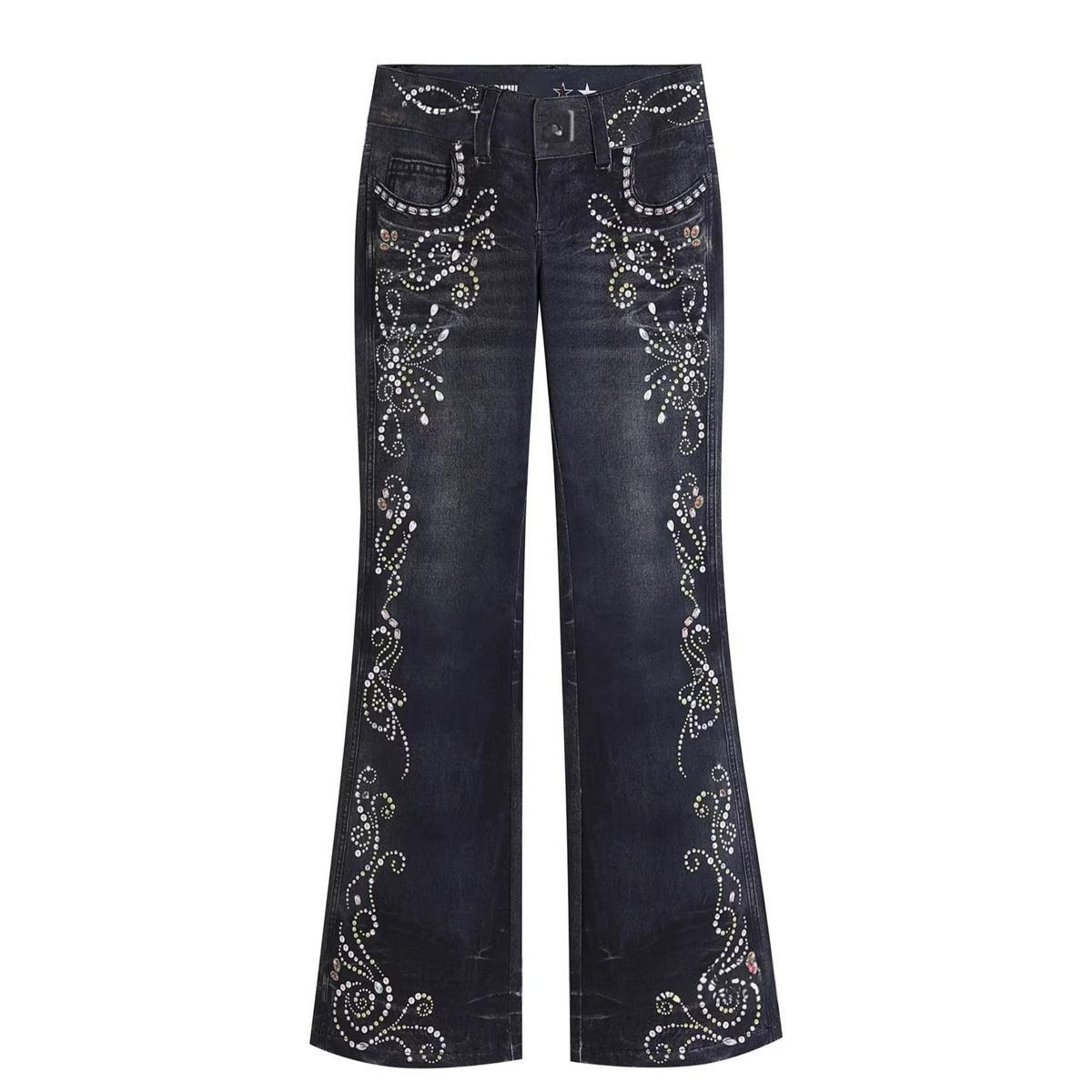 Women's Clothing Bohemian Style Jeans Gemstone Totem Print Fashion Solid Color Denim Subculture Pants_ecoleips.com
