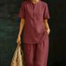 Women's Linen Button-Up Shirt Wide-Leg Pants Set Sky Blue Burgundy Beige Khaki Relaxed Fit Loungewear S-3XL_ecoleips.com