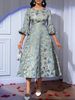 Plus Size Women's Floral Jacquard Round Neck Wide Sleeve Elegant Midi Dress_ecoleips.com