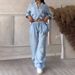 Women's Clothing Casual Cotton Linen Solid Color Shirt Drawstring Wide Leg Pants Suit_ecoleips.com