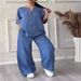 2027 Summer Fashion European-USA Style Women Long Sleeve Shirt + Wide-Leg Pants Pure Color Two-Piece Casual Sets S-5XL_ecoleips.com