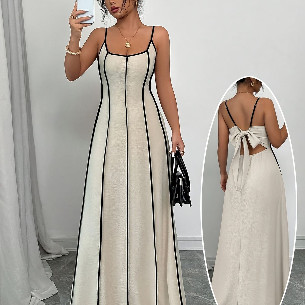 Women's Spaghetti Strap Backless Color Block Slip Dress - Sleeveless Bodycon Midi Dress For Party Date Night_ecoleips.com