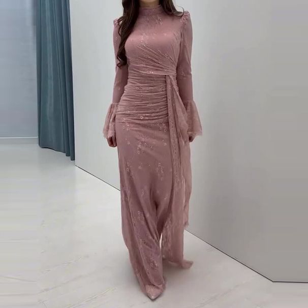 Fashion Lace High Waisted Prom Dress Female Casual Stand Collar Flared Sleeve Princess Dress Sexy Slim Fit Pleated Long Dresses_ecoleips.com