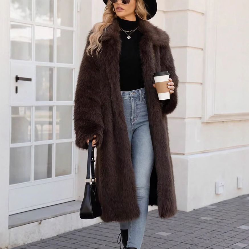 Women's Faux Fox Fur Coat – Long Winter Coat With Luxe Faux Fur (Dark Brown, S-XXXL)_ecoleips.com