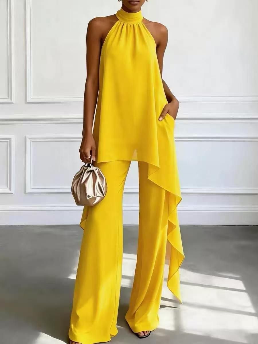 Women's Halter Sleeve Chiffon Two Piece Set Elegant Fashionable American Style_ecoleips.com