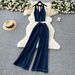 Casual Women's Premium Selection Suit Korean Style Fashionable Summer Outfit Subtle Knot Halter Neck Tank Top High Waist Wide Leg_ecoleips.com