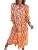 2025 New Casual Loose Bohemian Floral Long Puff Sleeve V-Neck Ruched Dress For Women_ecoleips.com