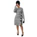 Women's Clothing Plus Size Clothes Elegant Black & White Checkered Dress With Bow Detail, Round Neck Long Sleeve Slim Fit Dress For Women_ecoleips.com