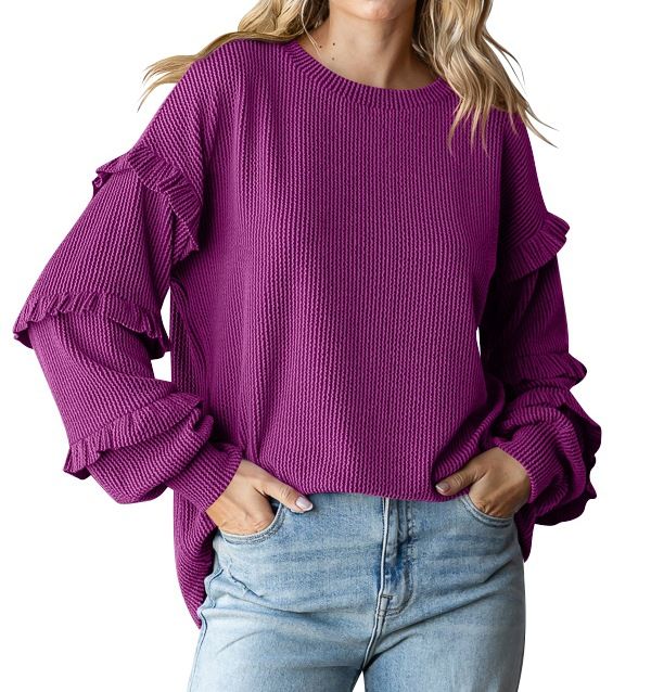 K New Women's Lantern Sleeve Round Neck Lace Sleeve Pullover Top_ecoleips.com