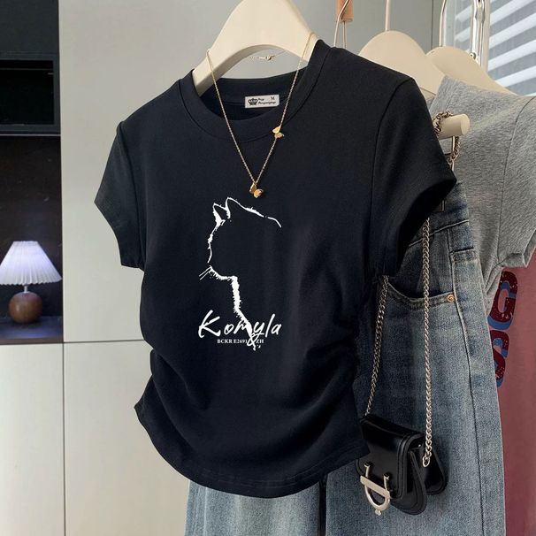 Women's Casual Style White round Neck T-Shirt Slim Waist Short-Sleeved High Quality Cotton Unique Design Fashionable And Versatile Top_ecoleips.com
