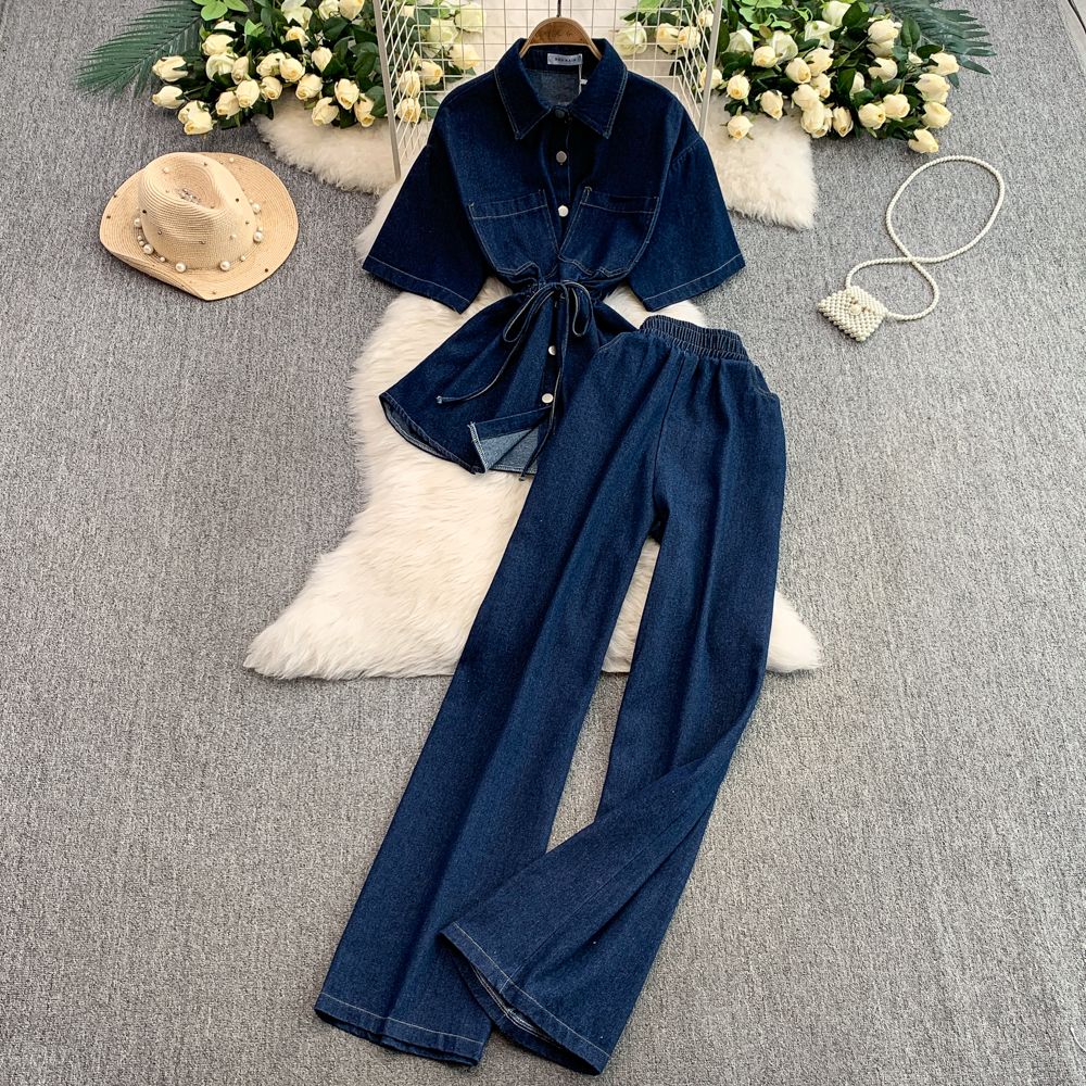 Fashionable Denim Suits for Women Premium Selection New Summer Style Korean Lapel Single Breasted Shirt Two Piece Set High Waisted Slimming And Flattering_ecoleips.com