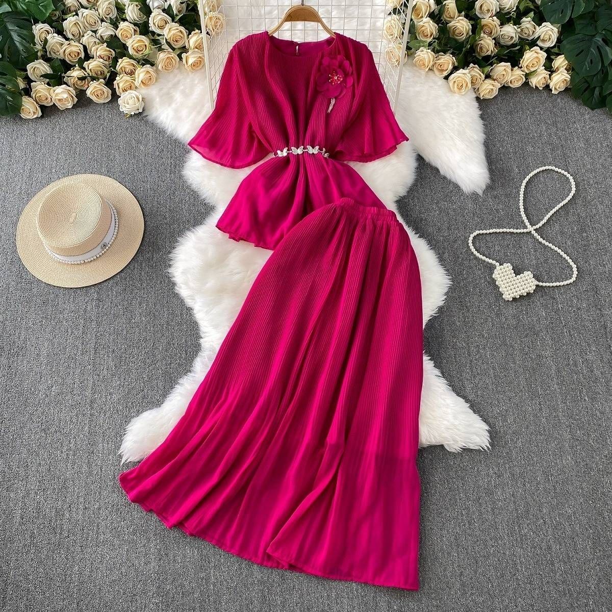 Women's Clothing High End Celebrity Three Dimensional Flower Waist Trumpet Sleeve Top High Waist Slim Pleated Wide Hem Skirt Two Piece Set_ecoleips.com