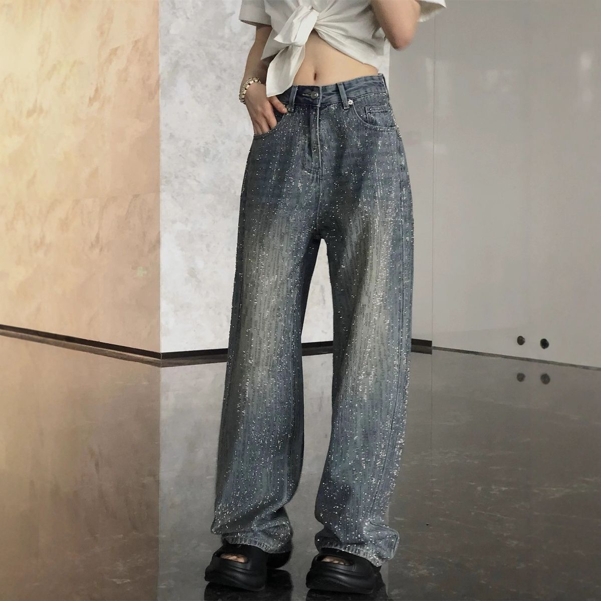 -Inspired Wide Leg Jeans For Women - Glam Rhinestone Embellished High Waist Flared Denim Pants With Vintage Wash_ecoleips.com