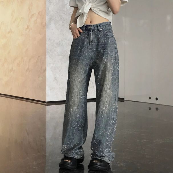 -Inspired Wide Leg Jeans For Women - Glam Rhinestone Embellished High Waist Flared Denim Pants With Vintage Wash_ecoleips.com