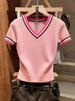 Elegant Women's Color Block V Neck T-Shirt French Style Ice Silk Knit Slim Fit Short Sleeve Top For Spring/Summer_ecoleips.com