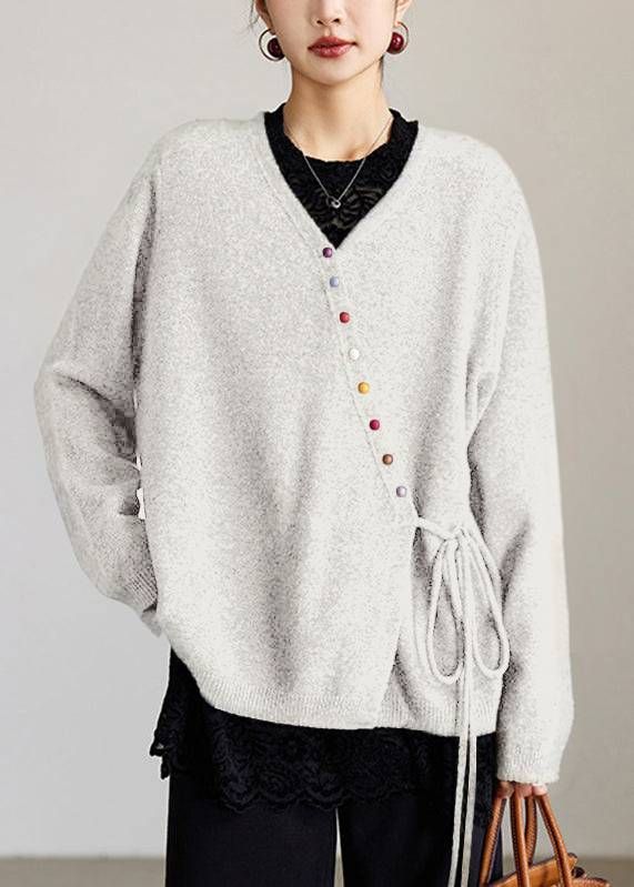 Plus Size V-Neck Wrap Knit Cardigan, Drawstring Waist Sweater With Colorful Buttons_ecoleips.com