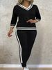 Women's Color Block V-Neck Long Sleeve Top with Elastic Waist And Pocket Versatile Summer Suit plus Size Sets England Style Fashion_ecoleips.com