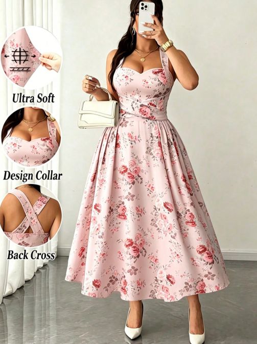 Curvy Women Floral Print High Stretch Wrap Tie Cami Dress, Elegant Versatile Fashion Slip Dress_ecoleips.com