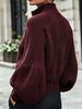 Wine Red Zip Stand Collar Pit Rib Knit Cardigan, Loose Lantern Sleeve Lightweight Breathable Soft Skin-touch Cropped Knit Jacket_ecoleips.com
