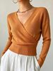 Apricot Orange Deep V Wrap Pit Rib Knit Sweater, Loose Lightweight Breathable Soft Skin-touch Long Sleeve Slim Waist Pullover_ecoleips.com