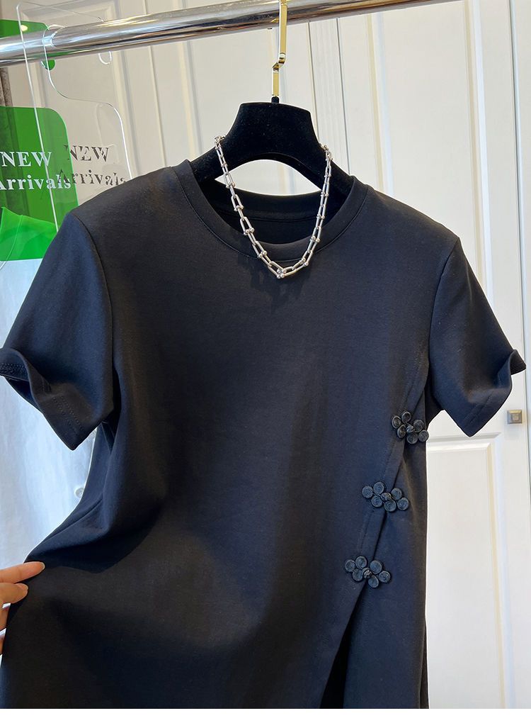 Women's Clothing Cotton Large Size Irregular Button Stitching Hem Split Short Sleeved T Shirt Women's Top Round Neck Summer_ecoleips.com