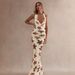 Fashionable Halter Neck Sleeveless Maxi Dress Backless Tie Waist Printed Fishtail Silhouette Women's Dress_ecoleips.com