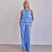 Women's Clothing Women's Striped Suit Round Neck Sleeveless Top Women's Waist Trousers Women's Suit_ecoleips.com
