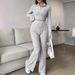 Fashion Solid Color Ribbed Two-Piece Zipper Long Sleeve Short Top And High Waist Flared Pants Set Women's Casual_ecoleips.com