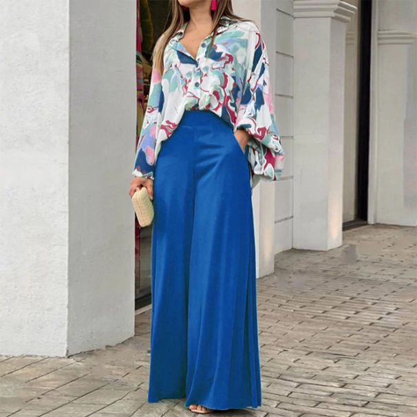 Women's Clothing New Product Summer Loose Fit Oversized Casual Printed Shirt Top Wide Leg Pants Two-piece Set_ecoleips.com