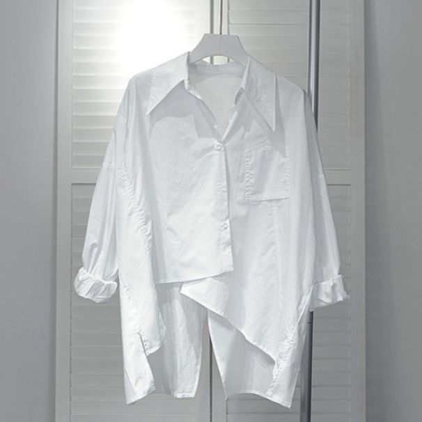 Dongdaemun 2023 Spring And Autumn New Korean Style Thin Loose Long-Sleeve Irregular Shirt With Back Slit For Women_ecoleips.com